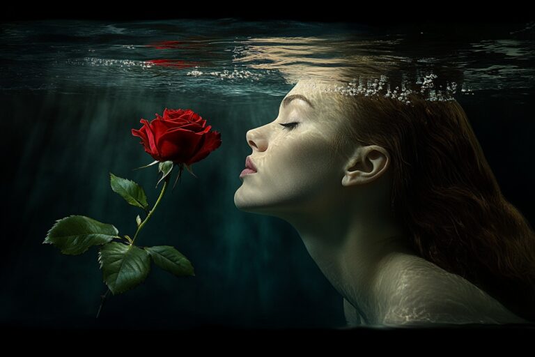 Midjourney Prompt Woman Underwater Gazing at a Rose Sweet Prompt