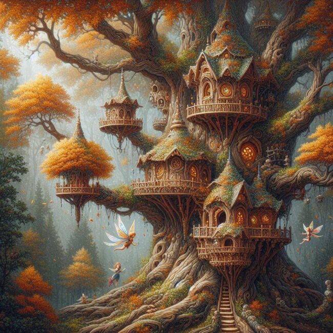 DallE Prompt Intricate Fairy Castle Tree House Illustration Sweet